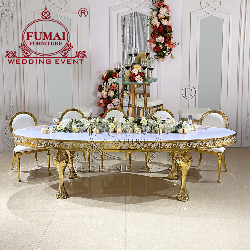 Wedding oval table white MDF top carved design - Fumai