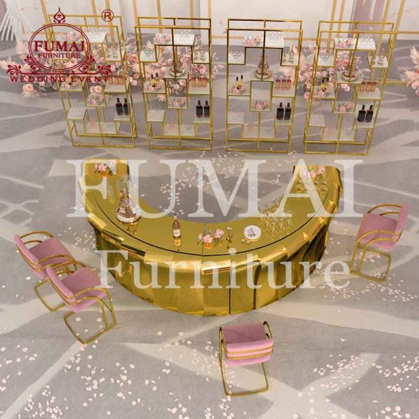 Wine bar cabinet curve shape golden frame-Fumai Furniture