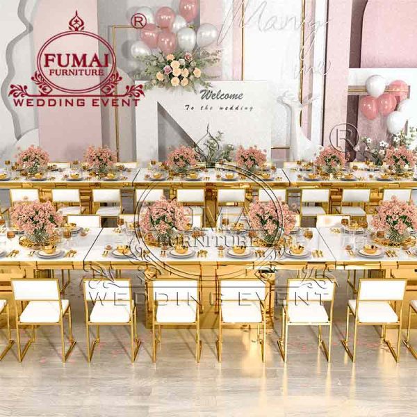 White Rectangular Banquet Table with Golden Base - Fumai